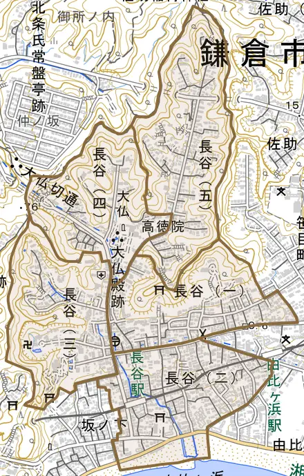 長谷とその周辺の地図。町の範囲を重ねている