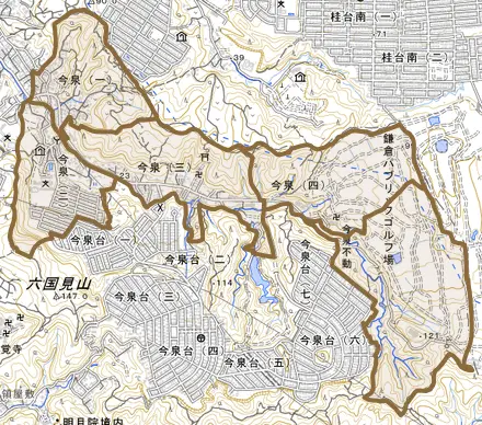 今泉とその周辺の地図。町の範囲を重ねている