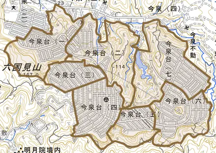 今泉台とその周辺の地図。町の範囲を重ねている