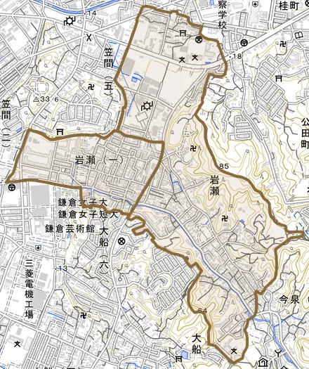 岩瀬とその周辺の地図。町の範囲を重ねている