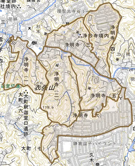 浄明寺とその周辺の地図。町の範囲を重ねている