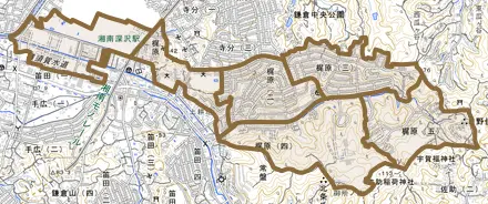 梶原とその周辺の地図。町の範囲を重ねている