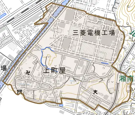 上町屋とその周辺の地図。町の範囲を重ねている