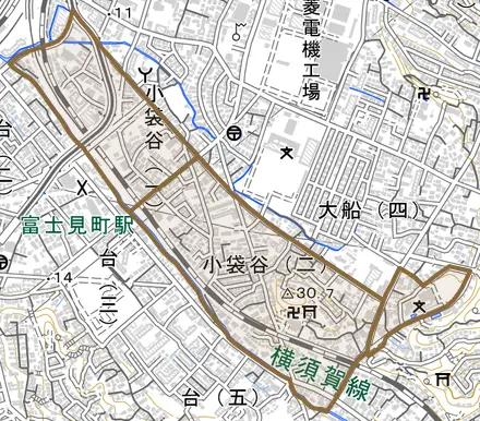 小袋谷とその周辺の地図。町の範囲を重ねている