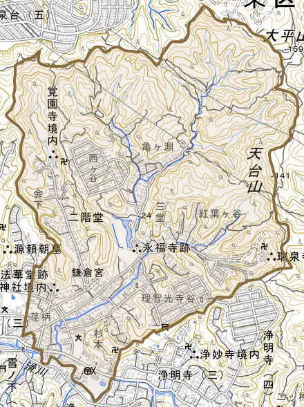 二階堂とその周辺の地図。町の範囲を重ねている