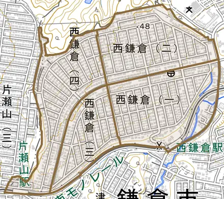 西鎌倉とその周辺の地図。町の範囲を重ねている