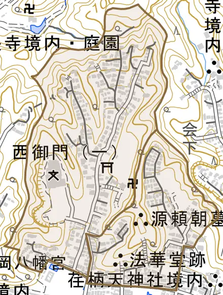 西御門とその周辺の地図。町の範囲を重ねている