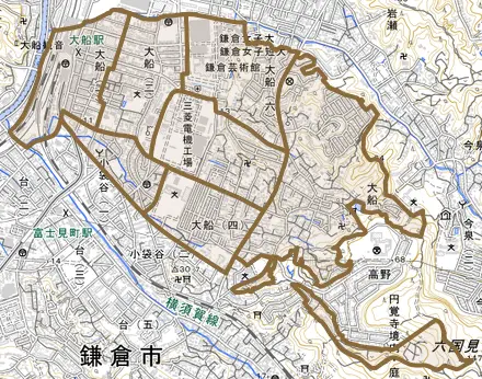 大船とその周辺の地図。町の範囲を重ねている
