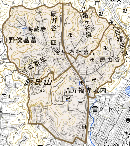 扇ガ谷とその周辺の地図。町の範囲を重ねている