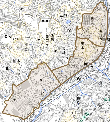 岡本とその周辺の地図。町の範囲を重ねている