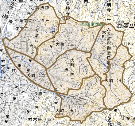 大町とその周辺の地図。町の範囲を重ねている