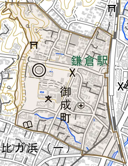 御成町とその周辺の地図。町の範囲を重ねている