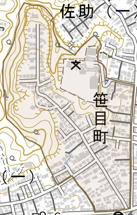 笹目町とその周辺の地図。町の範囲を重ねている