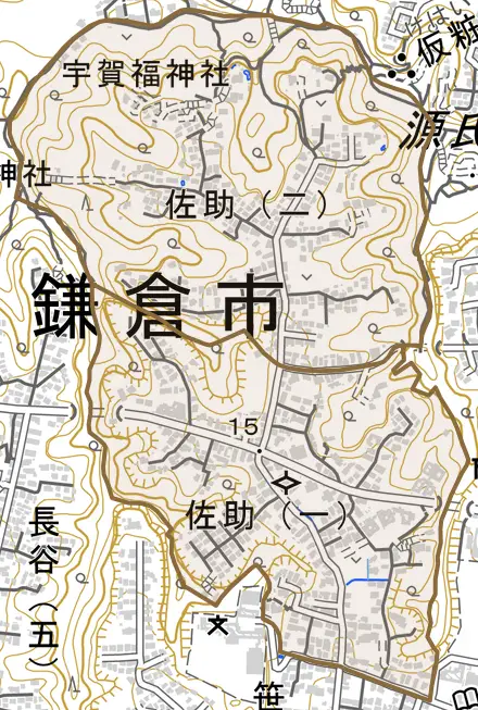 佐助とその周辺の地図。町の範囲を重ねている