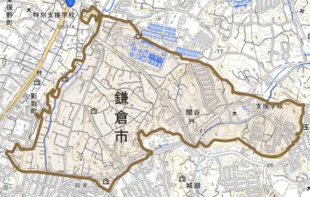 関谷とその周辺の地図。町の範囲を重ねている