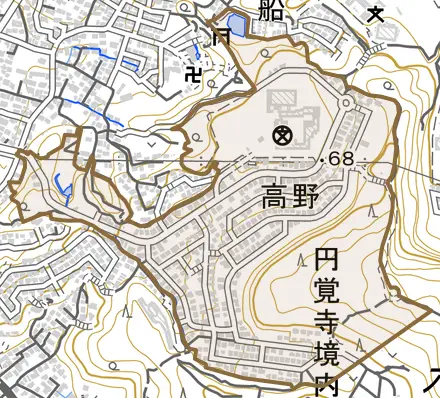 高野とその周辺の地図。町の範囲を重ねている
