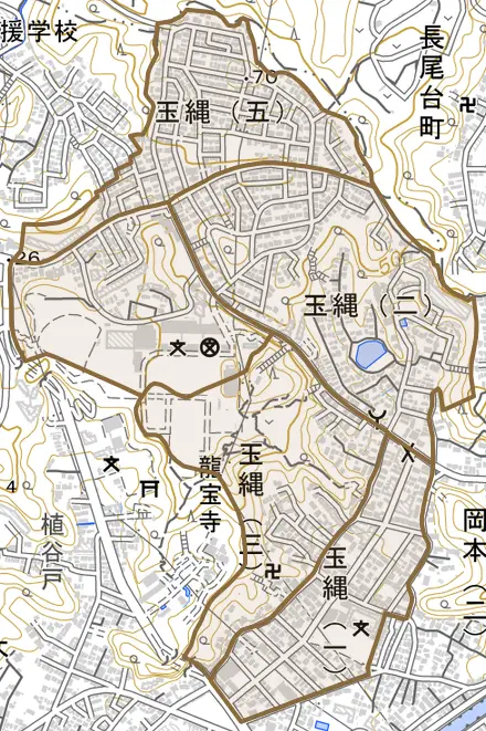 玉縄とその周辺の地図。町の範囲を重ねている