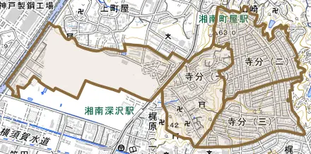 寺分とその周辺の地図。町の範囲を重ねている