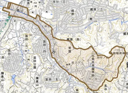 常盤とその周辺の地図。町の範囲を重ねている