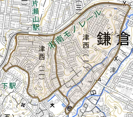 津西とその周辺の地図。町の範囲を重ねている