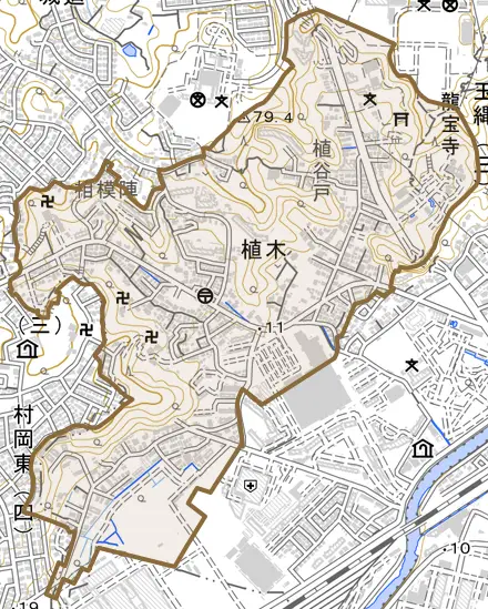 植木とその周辺の地図。町の範囲を重ねている