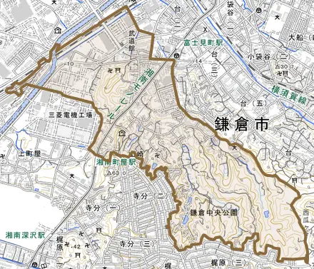 山崎とその周辺の地図。町の範囲を重ねている