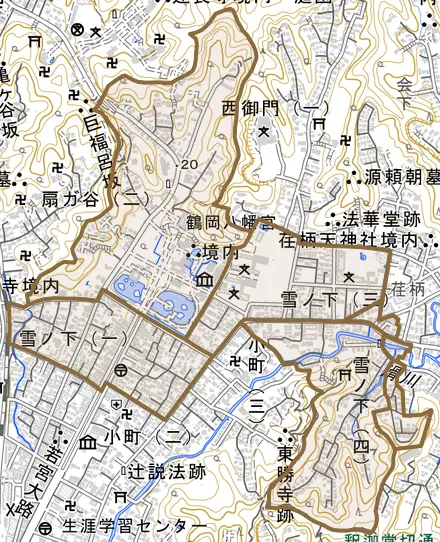 雪ノ下とその周辺の地図。町の範囲を重ねている