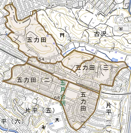 五力田とその周辺の地図。町の範囲を重ねている