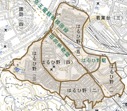 はるひ野とその周辺の地図。町の範囲を重ねている