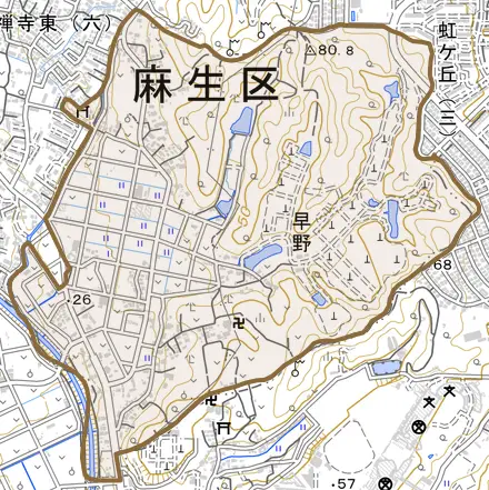 早野とその周辺の地図。町の範囲を重ねている