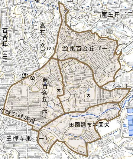 東百合丘とその周辺の地図。町の範囲を重ねている