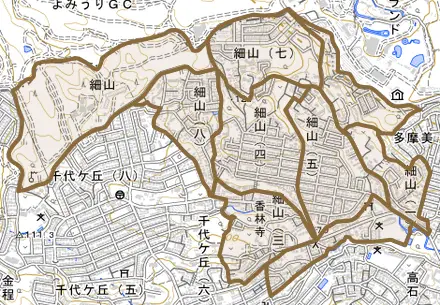 細山とその周辺の地図。町の範囲を重ねている