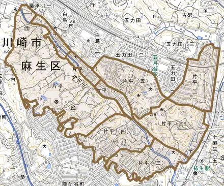 片平とその周辺の地図。町の範囲を重ねている