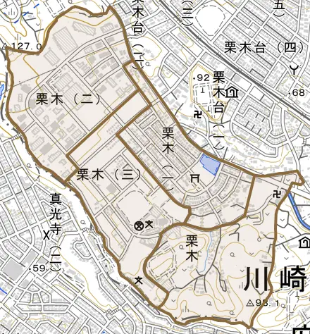 栗木とその周辺の地図。町の範囲を重ねている