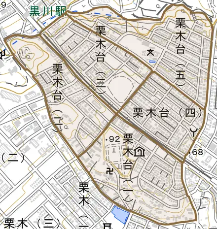 栗木台とその周辺の地図。町の範囲を重ねている