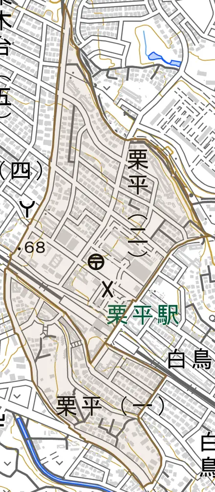 栗平とその周辺の地図。町の範囲を重ねている
