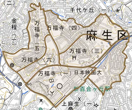 万福寺とその周辺の地図。町の範囲を重ねている