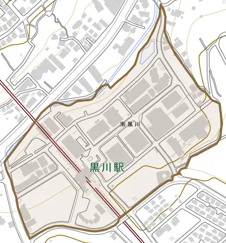 南黒川とその周辺の地図。町の範囲を重ねている