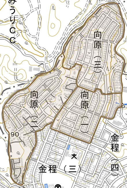 向原とその周辺の地図。町の範囲を重ねている