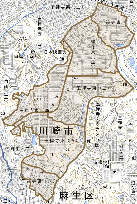 王禅寺東とその周辺の地図。町の範囲を重ねている