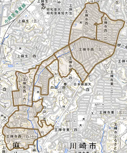 王禅寺西とその周辺の地図。町の範囲を重ねている