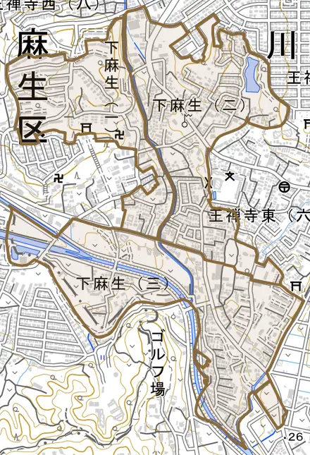 下麻生とその周辺の地図。町の範囲を重ねている