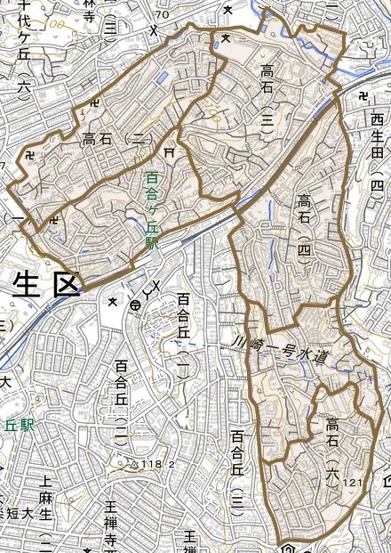 高石とその周辺の地図。町の範囲を重ねている