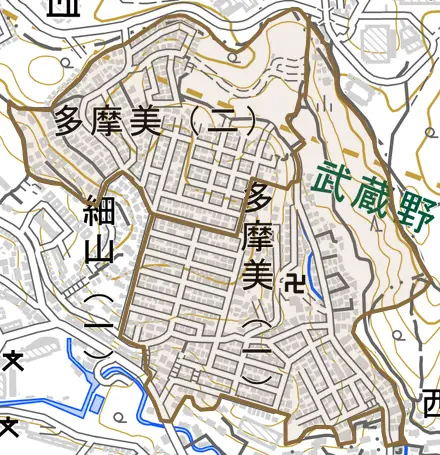 多摩美とその周辺の地図。町の範囲を重ねている