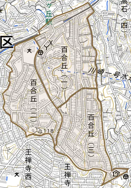 百合丘とその周辺の地図。町の範囲を重ねている