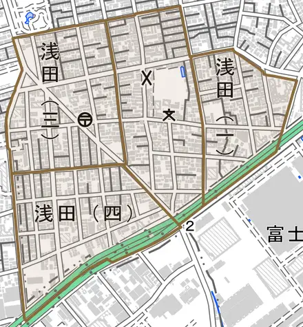 浅田とその周辺の地図。町の範囲を重ねている