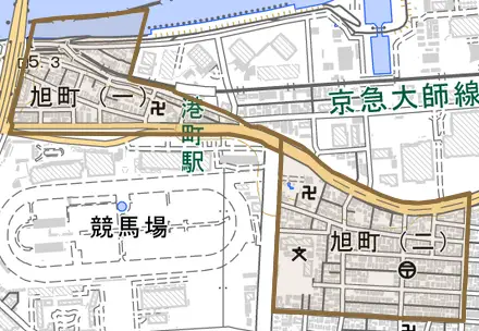 旭町とその周辺の地図。町の範囲を重ねている