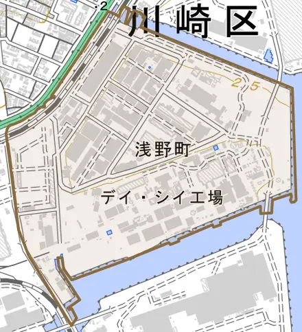 浅野町とその周辺の地図。町の範囲を重ねている