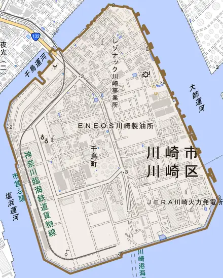 千鳥町とその周辺の地図。町の範囲を重ねている