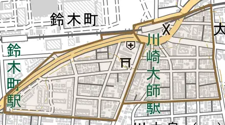 大師駅前とその周辺の地図。町の範囲を重ねている
